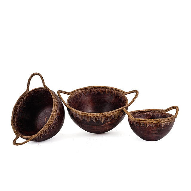 1960s Vintage Indonesian Handmade Nesting Wooden Bowls With Woven Handles For Sale - Image 5 of 9