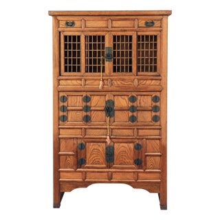 Vintage Korean-Style Wooden Storage Tansu Cabinet With Lattice Doors & Iron Hardware For Sale