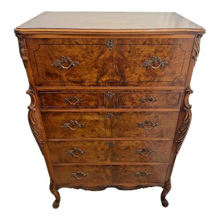1920s French Dresser Five Drawers Brass Pulls Acacia Burlwood Hand Carved For Sale