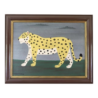 Contemporary 'Golden Leopard' Original Naïve Style Animal Oil Painting by British Artist Matt Rix, Framed For Sale
