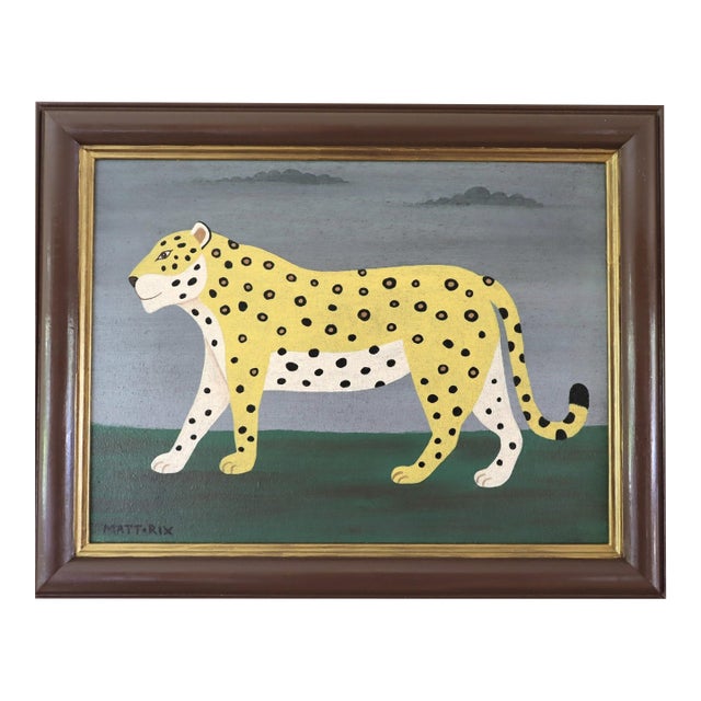 Contemporary 'Golden Leopard' Original Naïve Style Animal Oil Painting by British Artist Matt Rix, Framed For Sale