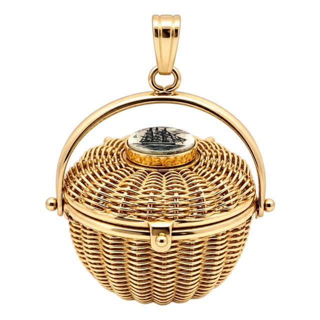 Late 20th Century 14k Yellow Gold Enamel Boat Nantucket Lightship Woven Basket Charm/Pendant For Sale