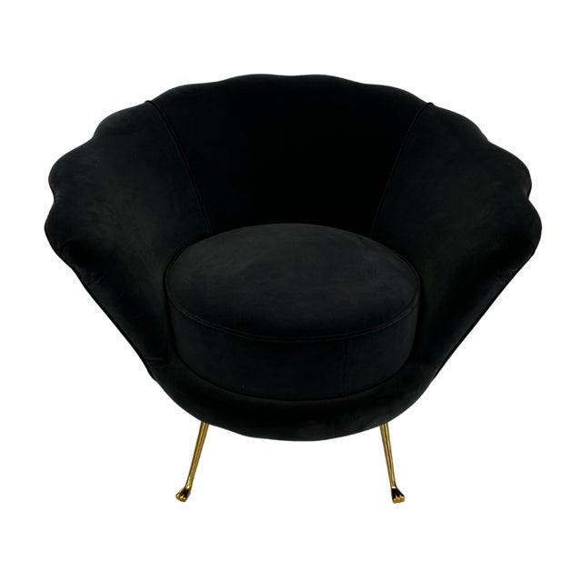 Marco Zanuso Pair of 1960s Scalloped Velvet and Brass Lounge Chairs For Sale - Image 4 of 7