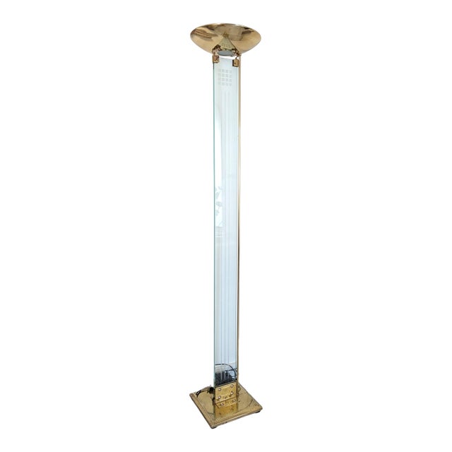 1980's Mid-Century Modern Glass & Brass Torchiere Floor Lamp For Sale