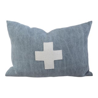 French Blue and Cream Appliqué Cross Wool & Linen Feather/Down Pillow For Sale