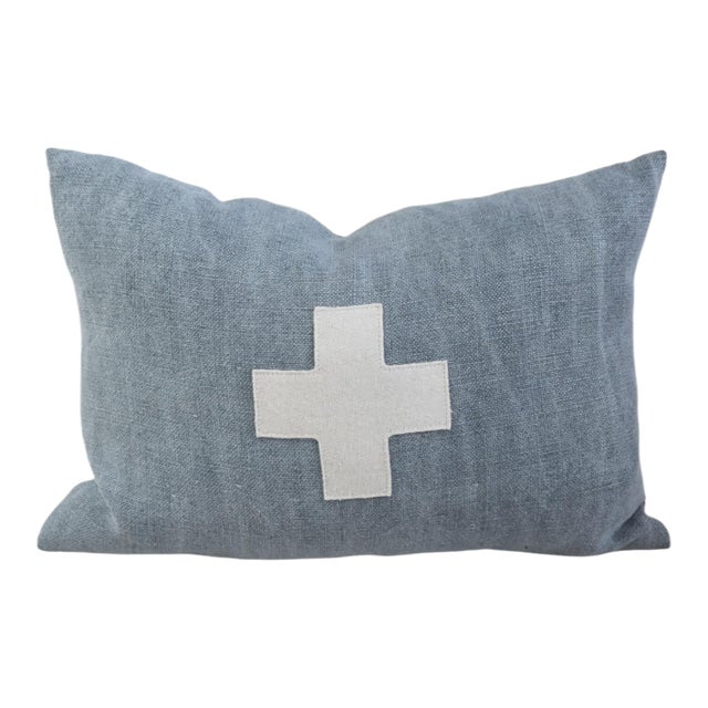French Blue and Cream Appliqué Cross Wool & Linen Feather/Down Pillow For Sale