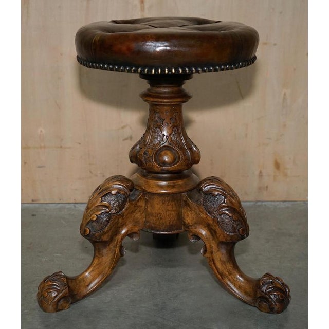 Antique Victorian Brown Leather Chesterfield Height Adjustable Piano Stool, 1880 For Sale - Image 13 of 17