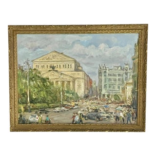 Vintage Impressionist Oil Painting of Bolshoi Theatre in Gilt Frame | Impressionist Street Scene | Signed Original For Sale