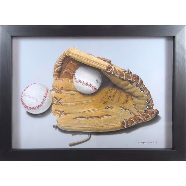 This artwork presents a meticulously rendered vintage baseball glove cradling two baseballs, showcasing the intricate...