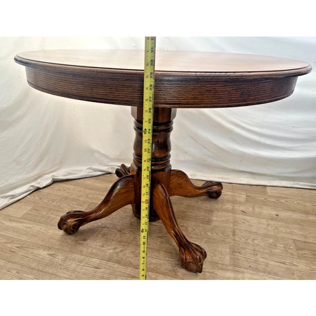 1980s Round Expansion Dining Room Kitchen Table Solid Cathedral Oak Carved Claw Feet For Sale - Image 11 of 15