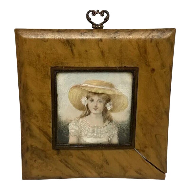 Early 20th Century French Miniature Portrait Painting: La Belle Époque Young Maiden, Bakelite Frame For Sale