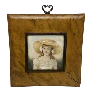 Early 20th Century French Miniature Portrait Painting: La Belle Époque Young Maiden, Bakelite Frame