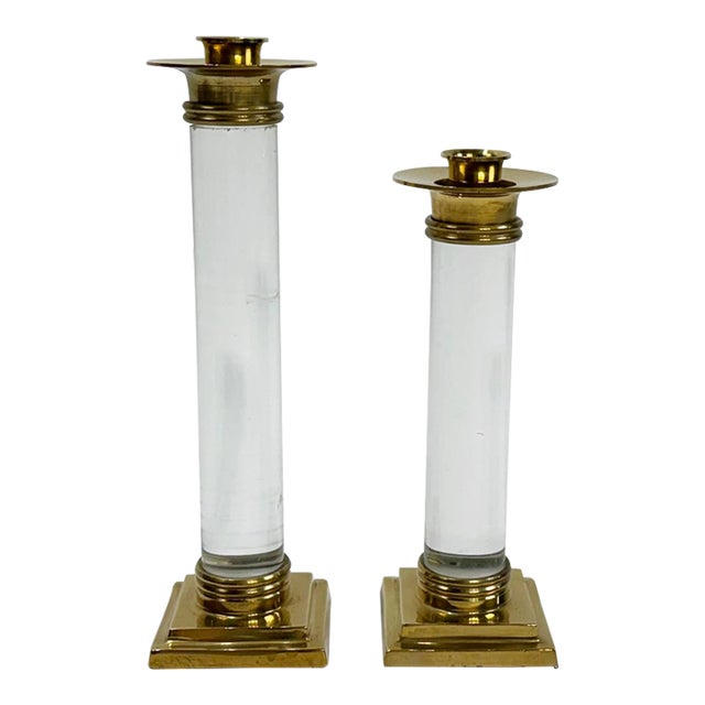 Vintage Hollywood Regency Style Brass and Lucite Candlestick Holders, a Pair For Sale