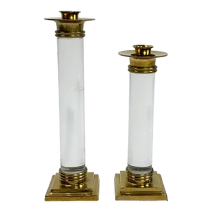 Vintage Hollywood Regency Style Brass and Lucite Candlestick Holders, Pair