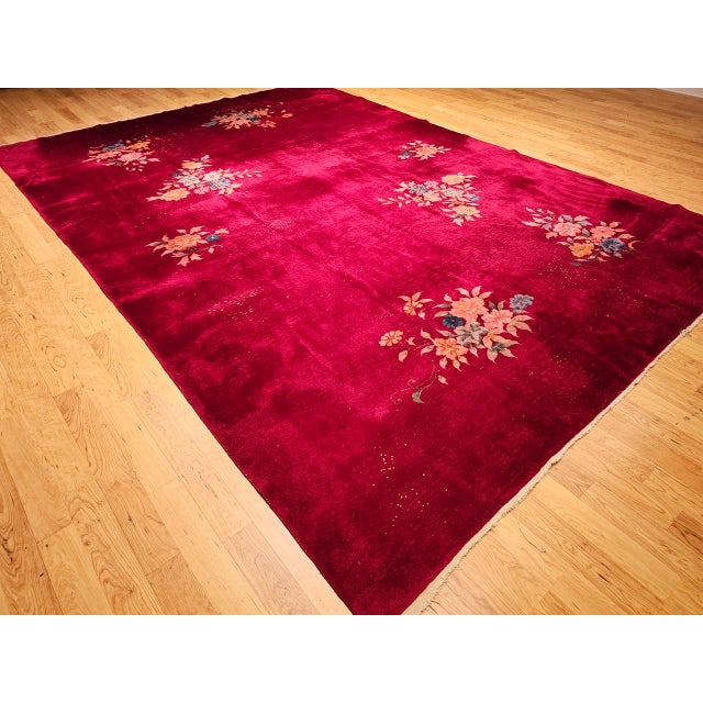 Antique Chinese Art Deco Rug, Hand-Knotted Wool, Crimson Floral Design, 10x14 For Sale - Image 9 of 18
