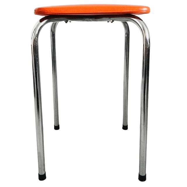 Mid-Century Modern Tube Frame Stool in Orange Leather, 1970s For Sale - Image 4 of 6