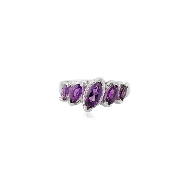Contemporary Lustrous Five-Stone Marquise Amethyst Sterling Silver Ring - Size 8 For Sale - Image 3 of 9