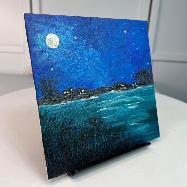 Contemporary Super Moon 6" X 6" Acrylic Painting Signed Full Moon & Night Sky Art Unframed For Sale - Image 3 of 7