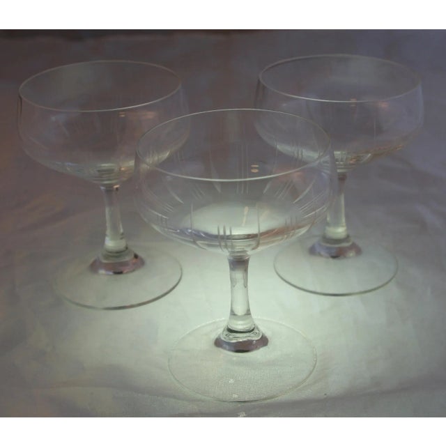 Mid Century Modern Thin Delicate Glass Champagne Coupes Etched Vertical Lines- Set of 3 For Sale - Image 4 of 11