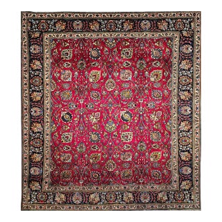 Vintage Persian Tabriz Rug, Hand-Knotted Wool, All Over Geometric Pattern, Red & Navy, 10x13 For Sale