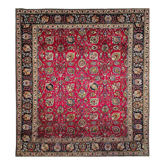 Vintage Persian Tabriz Rug, Hand-Knotted Wool, All Over Geometric Pattern, Red & Navy, 10x13 For Sale