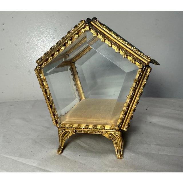 Antique Gold Gilded Brass Beveled Glass Velour Jewelry Casket Jar Box Display For Sale - Image 10 of 12