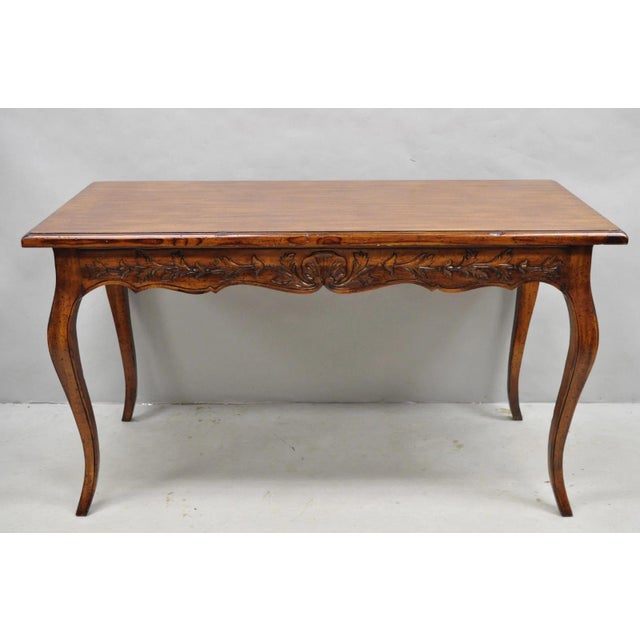 Vintage French Country Pine Wood Distress Floral Carved 1 Drawer Writing Desk For Sale - Image 12 of 14