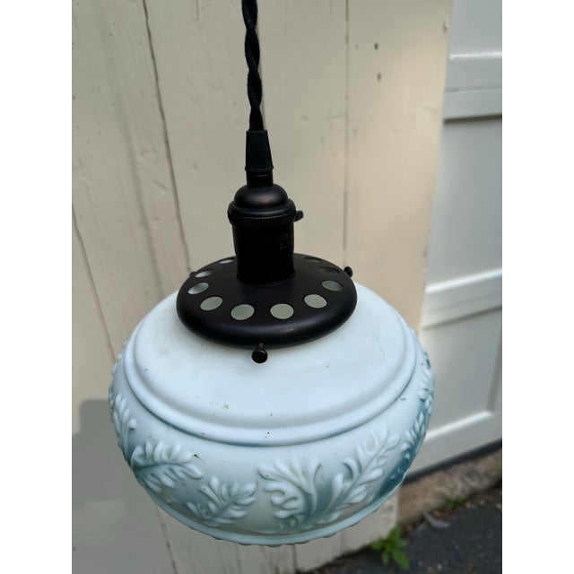 Antique Brass Hanging Fixture With Vintage Glass Shade For Sale - Image 9 of 9