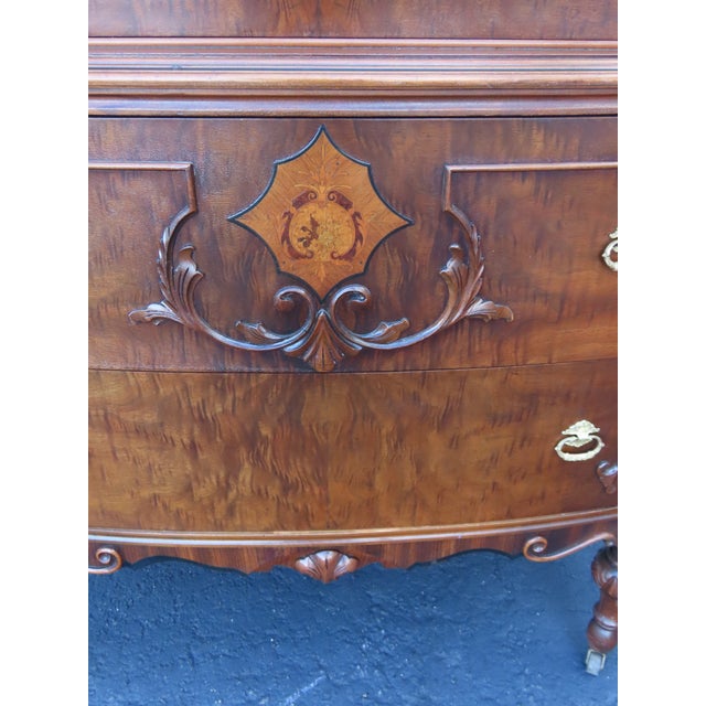 Early 1900s Jacobean Carved Inlay Tall Chest of Drawers With Mirror 6610 For Sale - Image 9 of 12