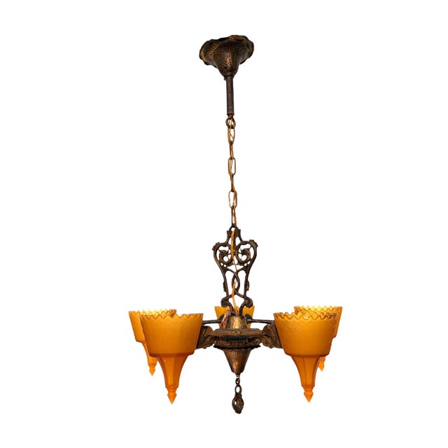 Gemstone 1930s 5 Light Spanish Revival With Amber Orange Glass Shades With Original Finish For Sale - Image 7 of 11