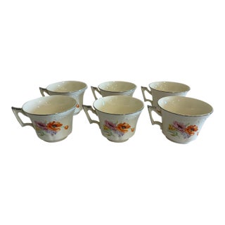 Vintage Ivory China Teacups With Platinum Trim and Poppy Motif, Set of 6 For Sale