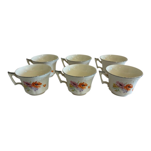 Vintage Ivory China Teacups With Platinum Trim and Poppy Motif, Set of 6 For Sale