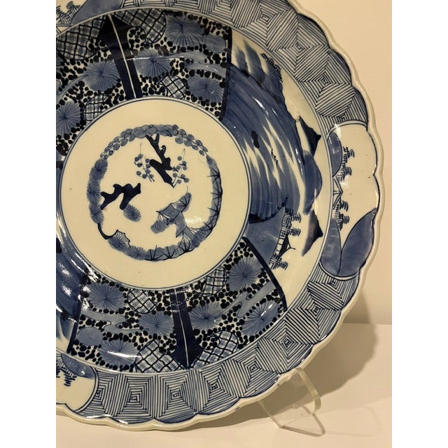 Ceramic Antique Blue and White 17" Wide Fuyode Plate - Circa 1830 For Sale - Image 7 of 17
