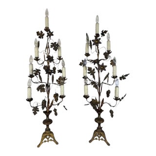 Pair of Gilded Brass Candelabra Lamps With Foliate & Grape Motifs For Sale