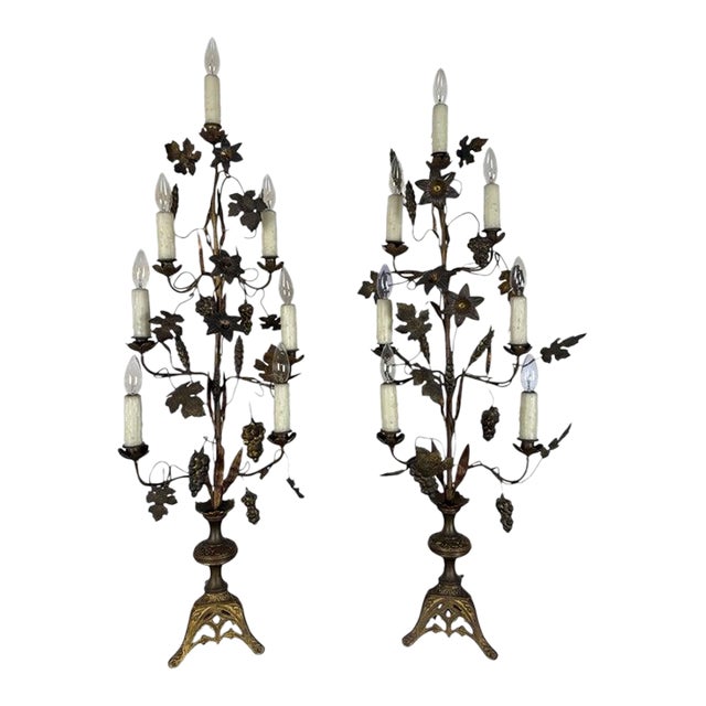 Pair of Gilded Brass Candelabra Lamps With Foliate & Grape Motifs For Sale