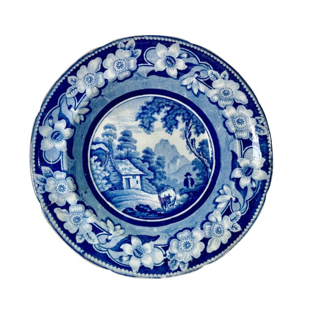 A charming pair of early 19th century blue and white Staffordshire plates dating to circa 1825. Known as the man with the...