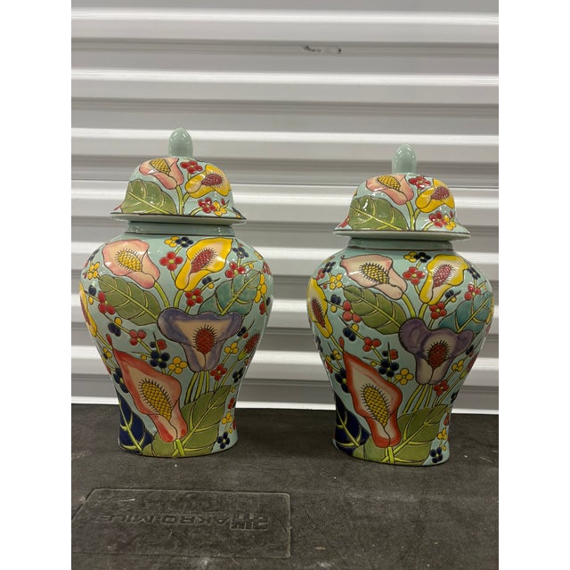 Hand Painted Floral Colorful Ceramic Ginger Jars With Lids - A Pair For Sale In Miami - Image 6 of 8
