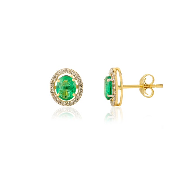 Vibrant Green Emerald Halo Diamond Stud Earrings for Mom in 14k Gold- A Pair For Sale
