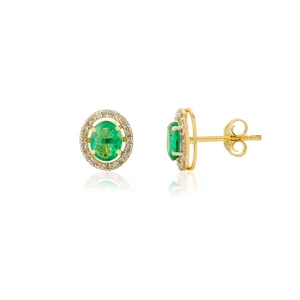 Vibrant Green Emerald Halo Diamond Stud Earrings for Mom in 14k Gold- A Pair
