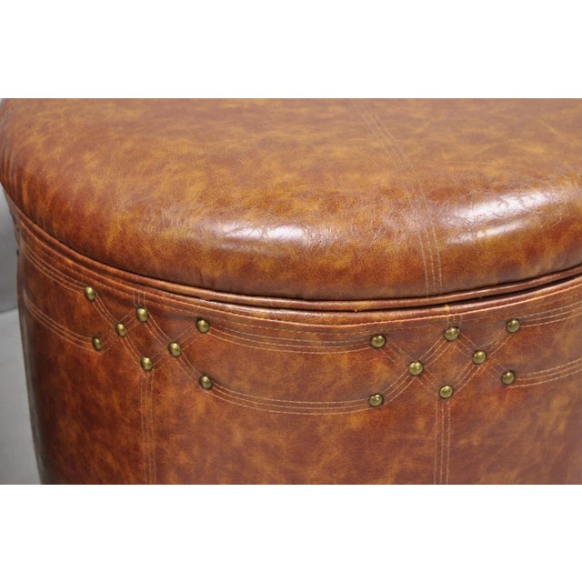 Animal Skin Contemporary Modern Moroccan Style Brown Faux Leather Round Storage Ottoman Pair For Sale - Image 7 of 15