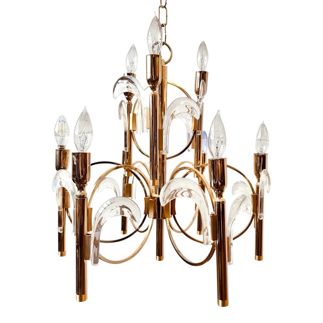 Gaetano Sciolari Brass and Glass Chandelier For Sale