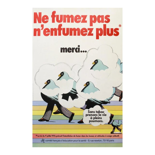 1976 Original French Poster Against Smoking - "Ne Fumez Pas, N'enfumez Plus* Merci..." - Linen Backed For Sale