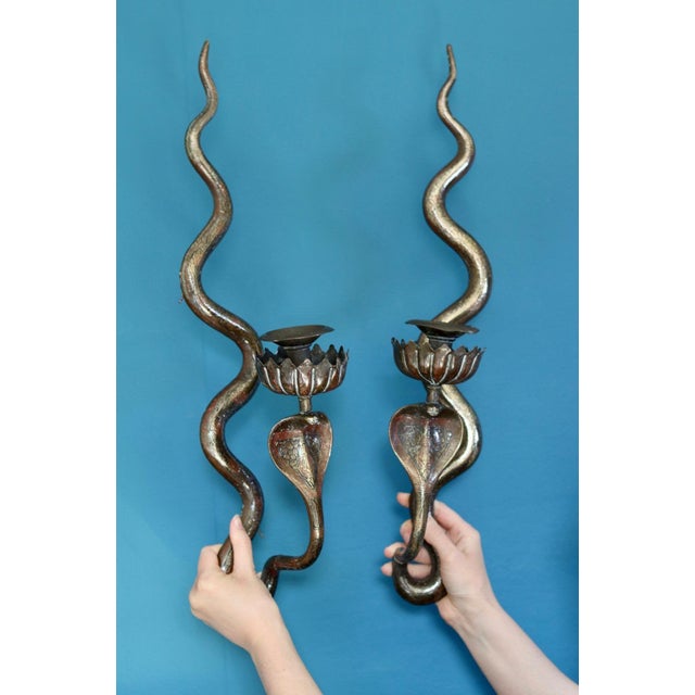 Egyptian Revival Style Engraved Brass Cobra Sconces, Set of 2 For Sale - Image 14 of 18