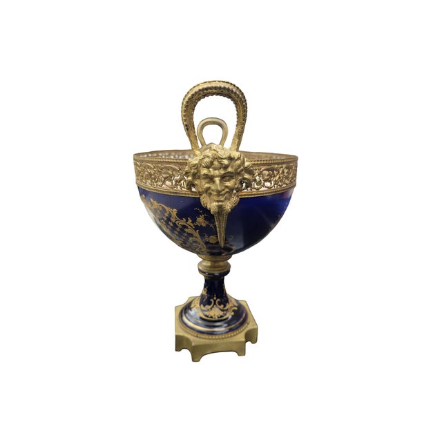 French Antique French Sevres Style Porcelain & Gilt Bronze Centerpiece Urn With Figural Handles For Sale - Image 3 of 10