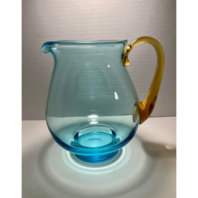 Mid-Century Modern Vintage Scandinavian Blue & Amber Hand Blown Glass Pitcher Aprox. dimensions: 8"H x 7"W Very good...