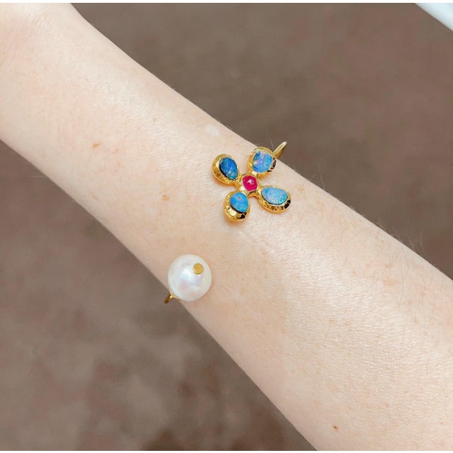 Bochic "Jungle" Vintage Ruby & Opal and South Sea Pearl Bangle 18K Gold & Silver For Sale - Image 11 of 18