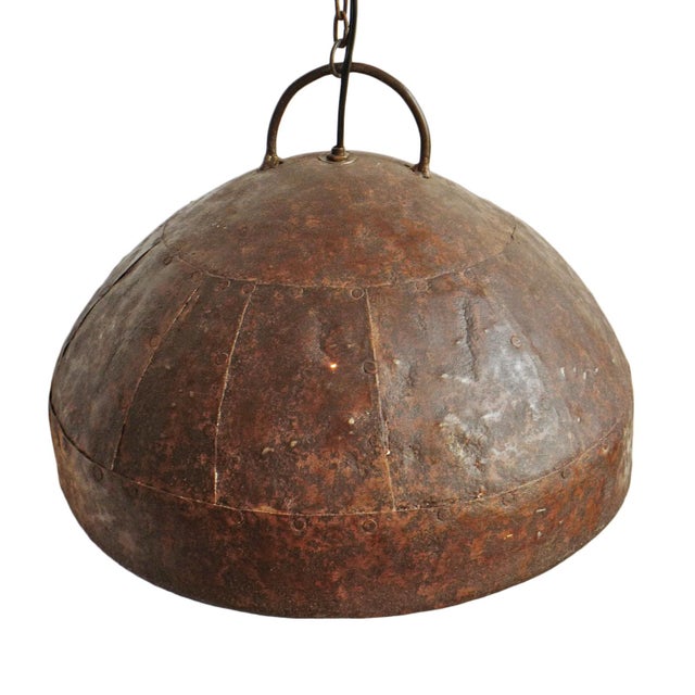 Vintage Industrial Farmhouse Rust Iron Rivet Pendant Light For Sale - Image 4 of 9
