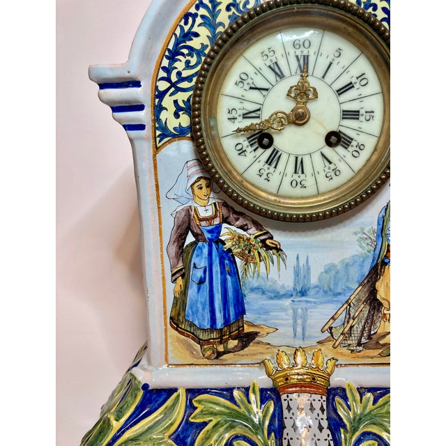Antique Quimper Porquier Beau French Faience Mantel Clock Bretons & Odet River For Sale - Image 4 of 18