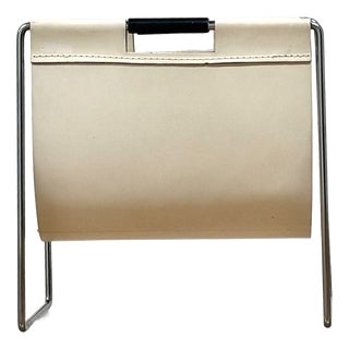 Vintage Brabantia Magazine Rack in Chrome and Cream-Colored Leather, 1960s For Sale
