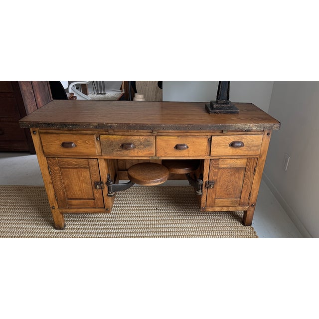 Vintage Industrial Desk With Integrated Swing-Out Stools For Sale - Image 4 of 18